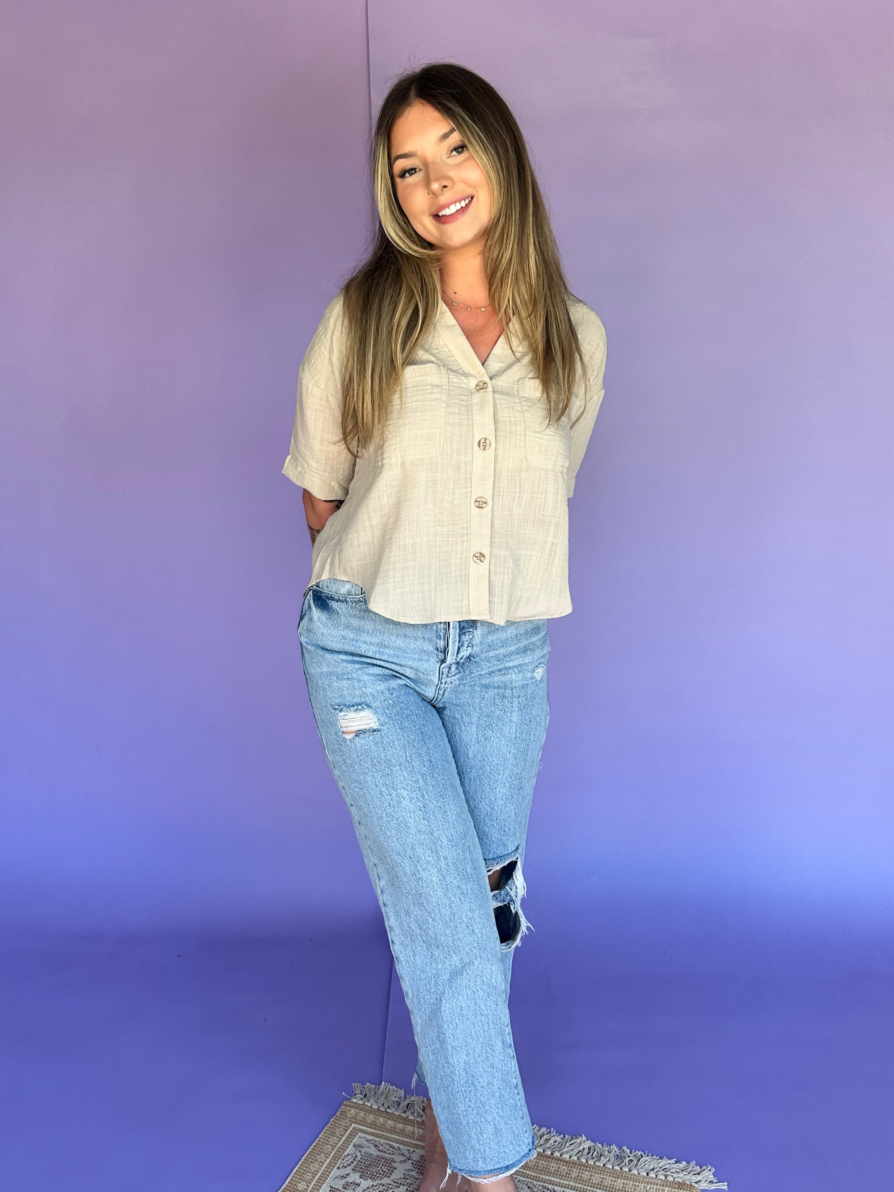 Breezy Chic Button Down- Sand