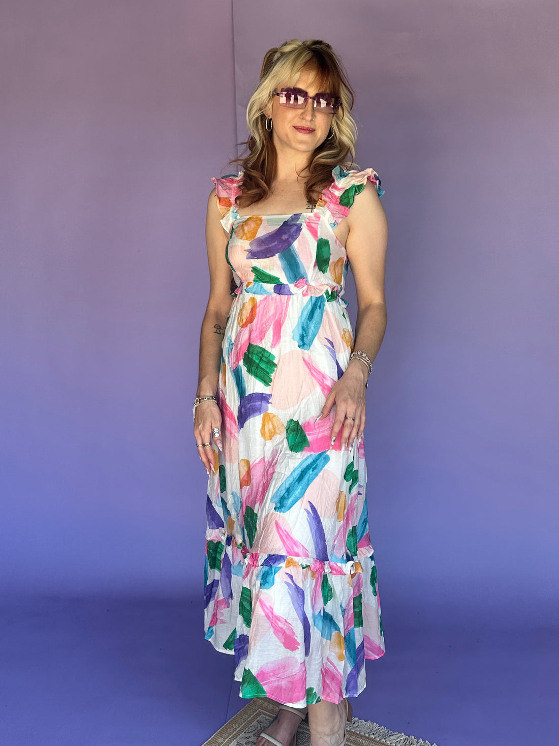 Brush Stroke Multi Color Midi Hem Dress