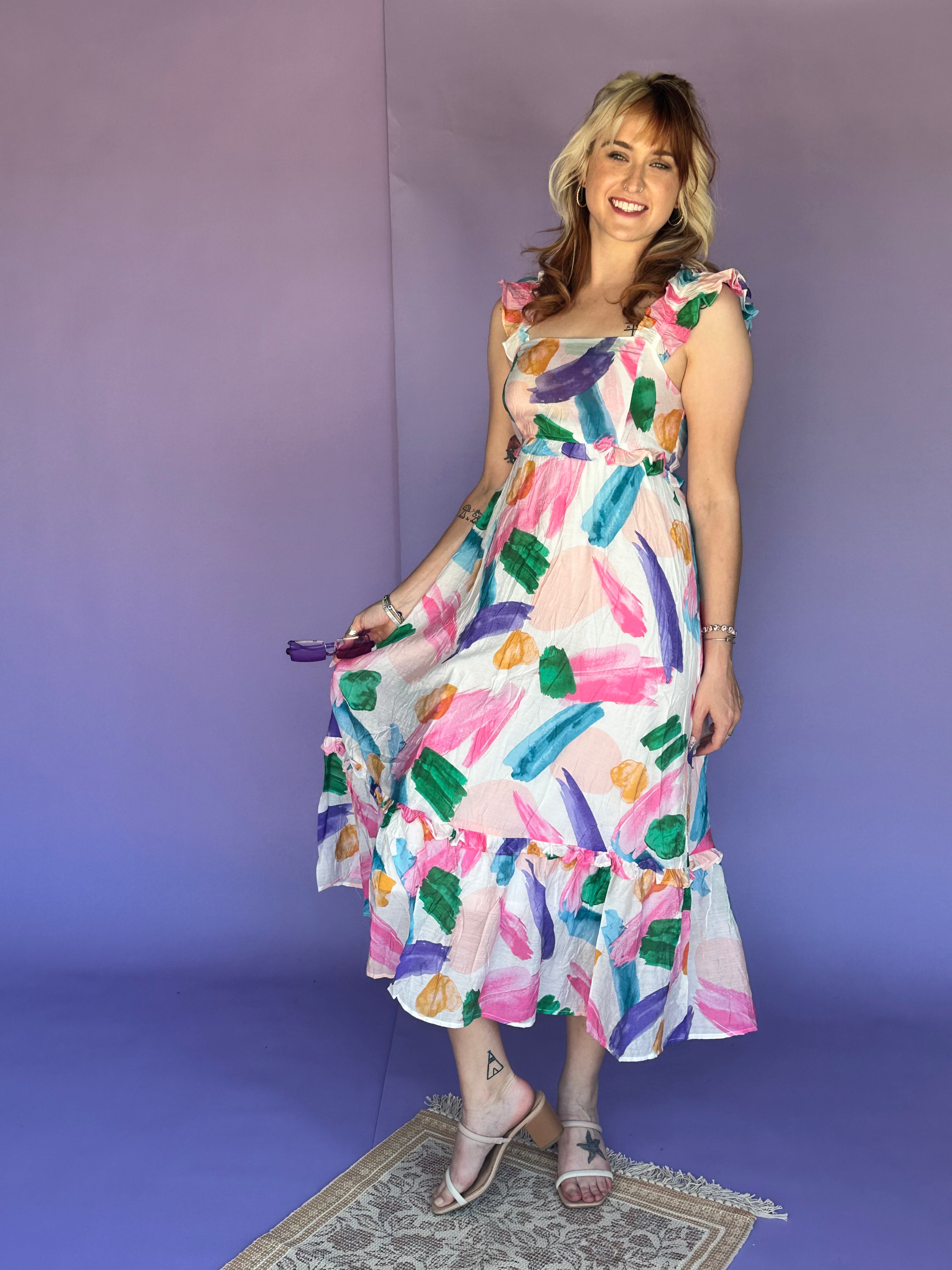 Brush Stroke Multi Color Midi Hem Dress