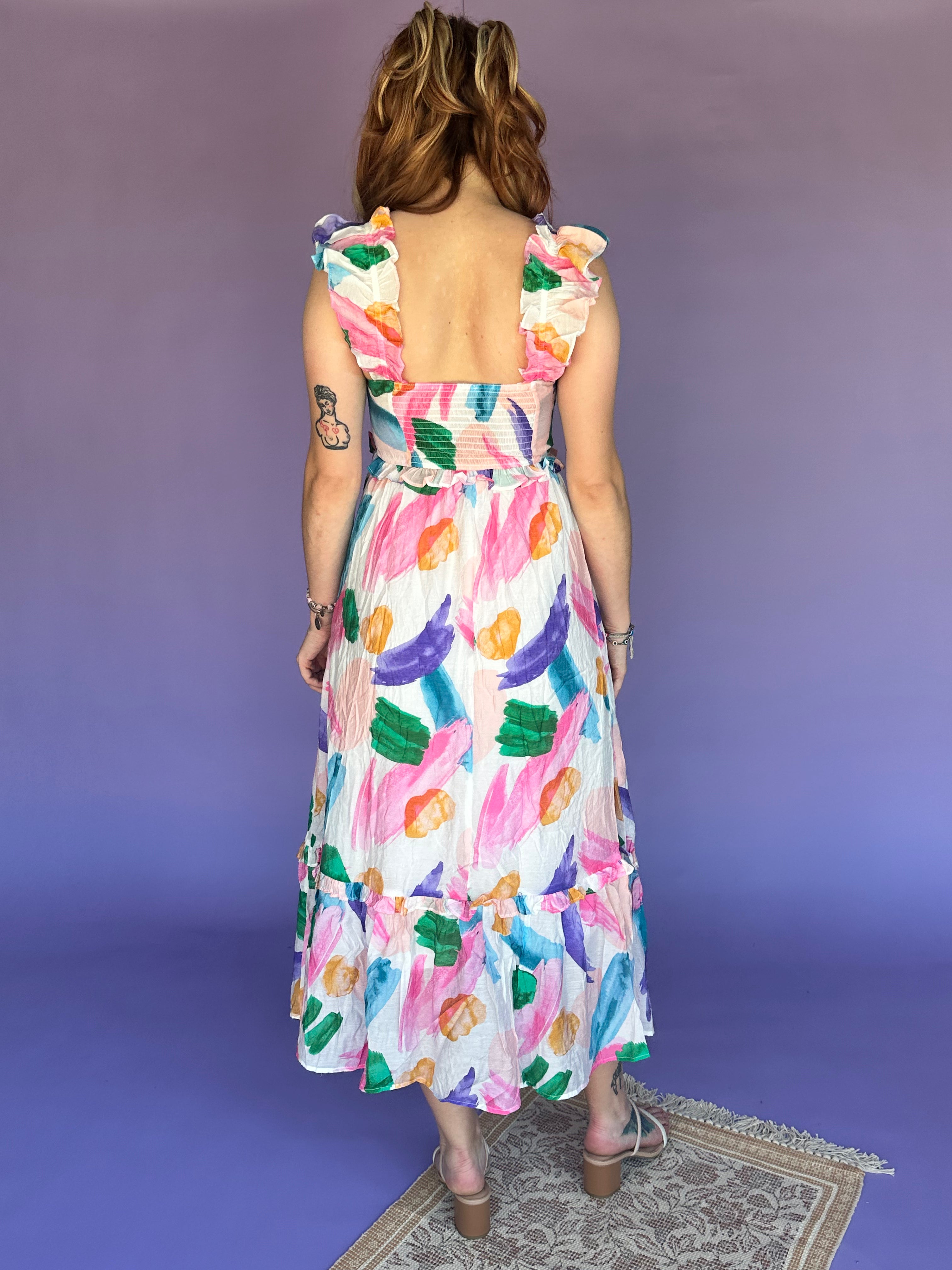 Brush Stroke Multi Color Midi Hem Dress