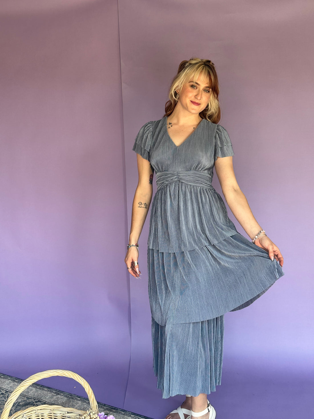 Enchanted Eden Pleated Tiered Midi Dress - Blue Sky