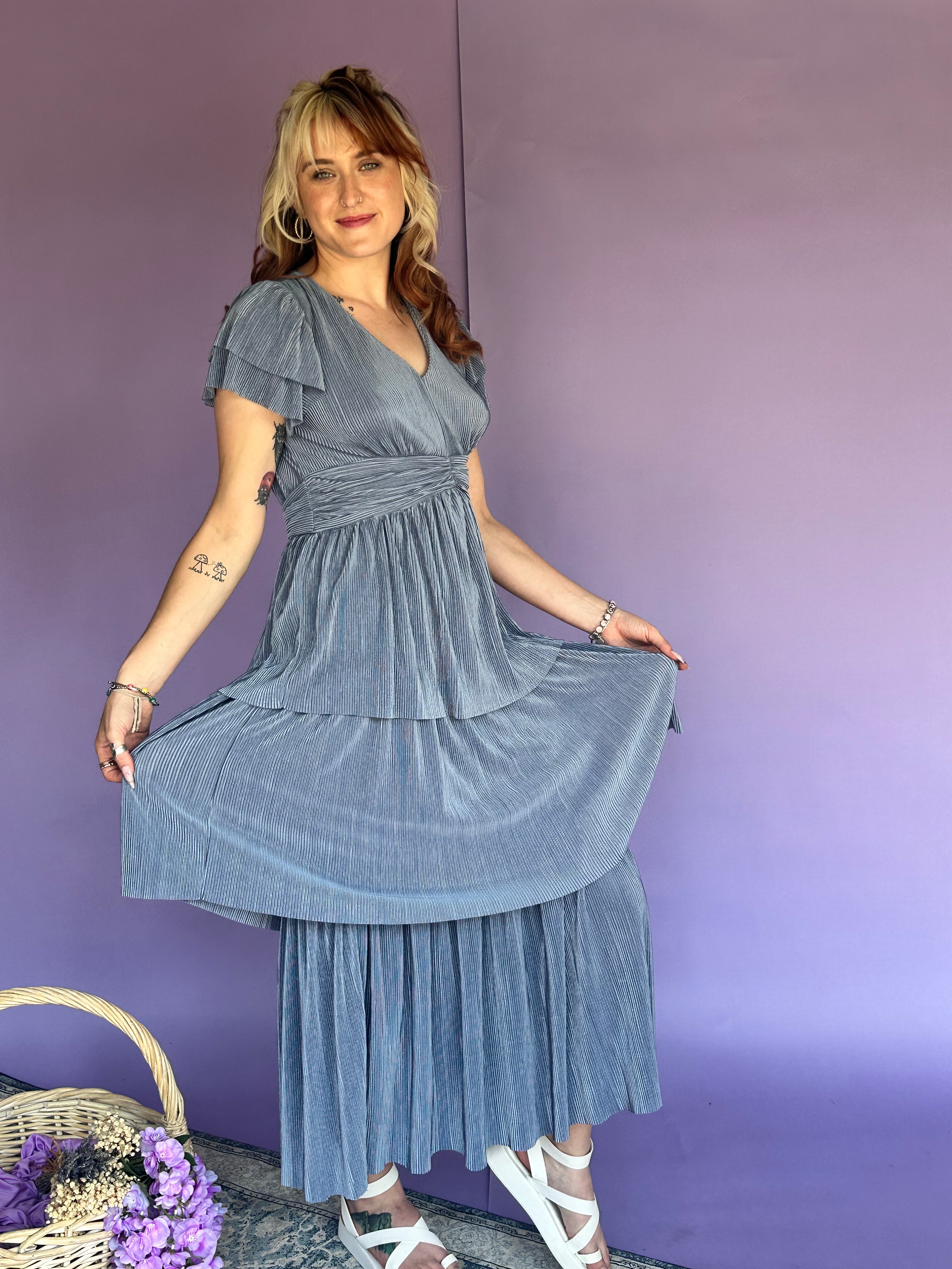 Enchanted Eden Pleated Tiered Midi Dress - Blue Sky