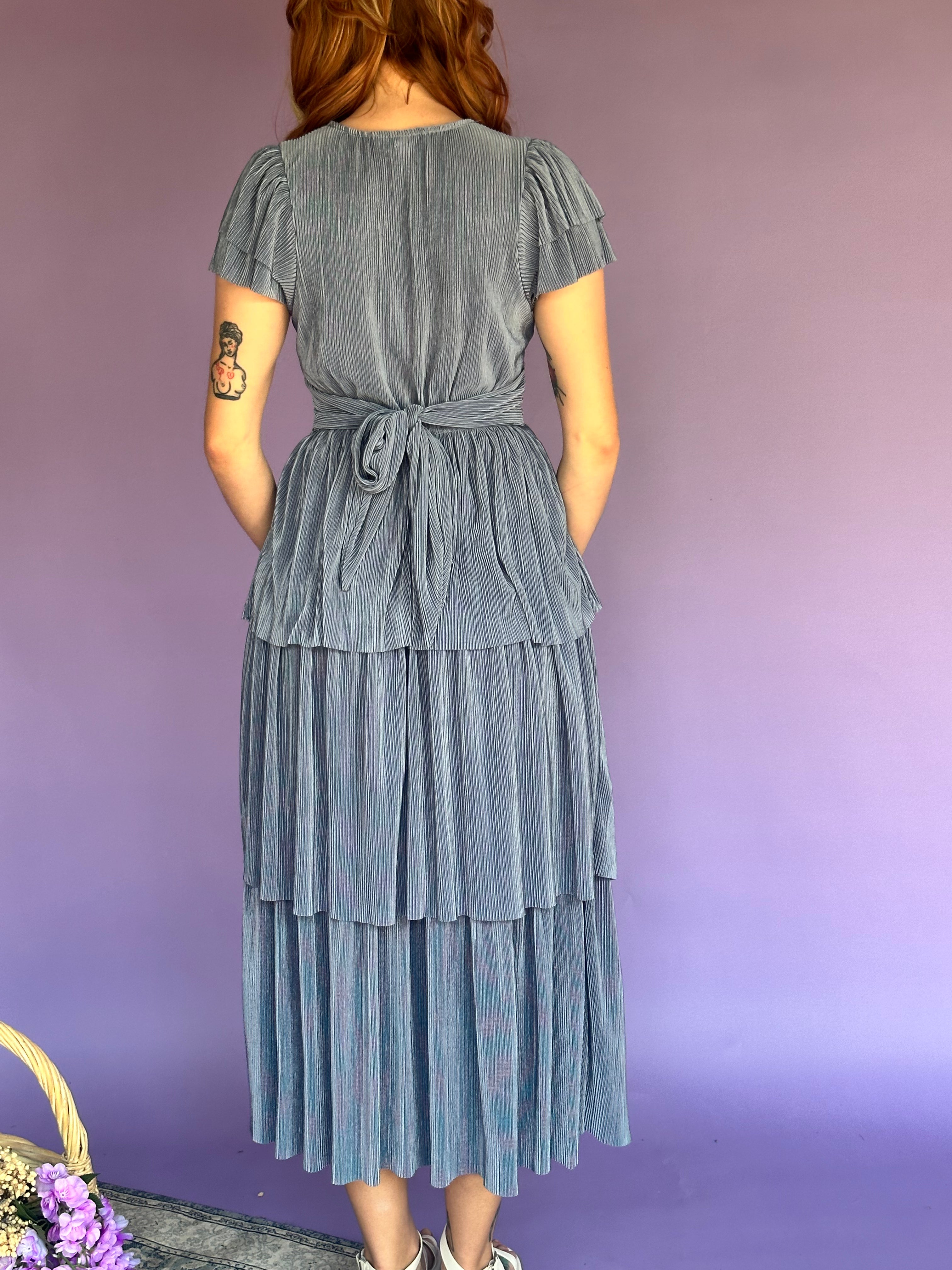 Enchanted Eden Pleated Tiered Midi Dress - Blue Sky