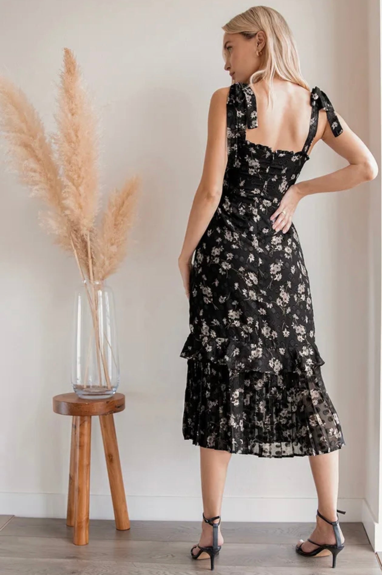 Daisy Tiered Midi Dress with Ribbon Tie Sleeves