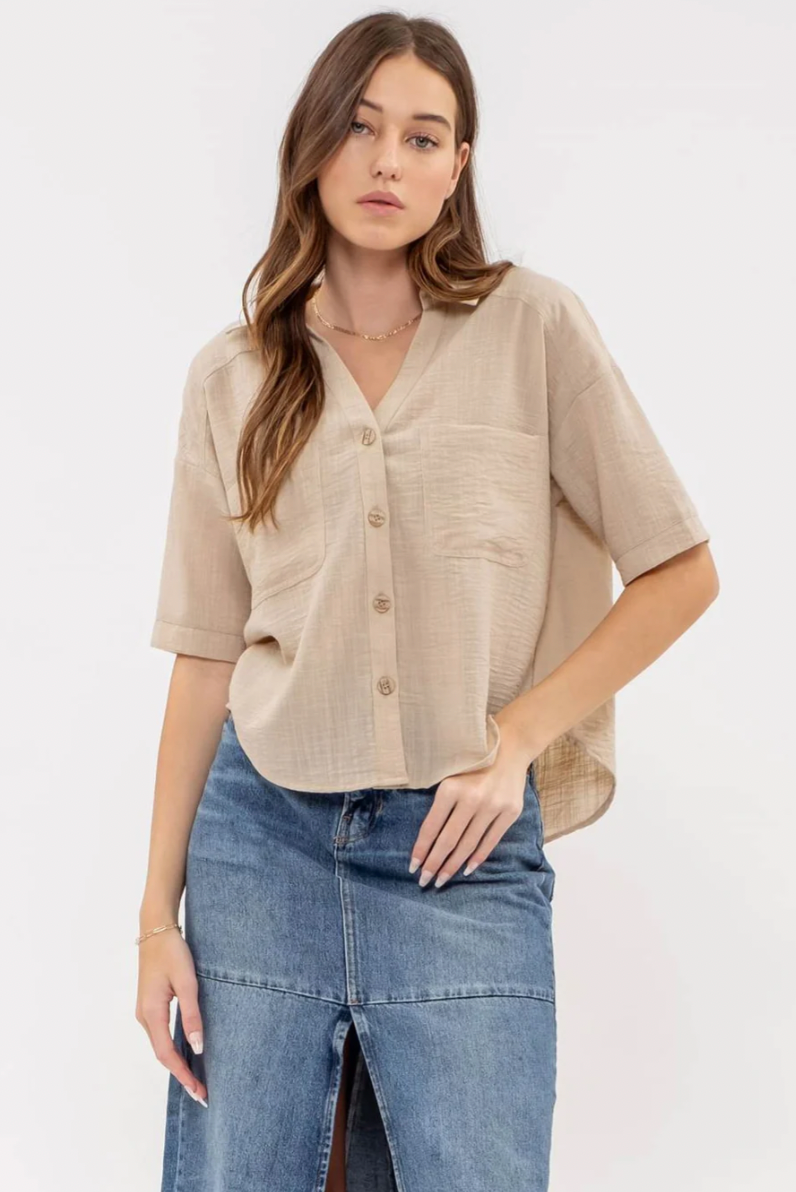 Breezy Chic Button Down- Sand