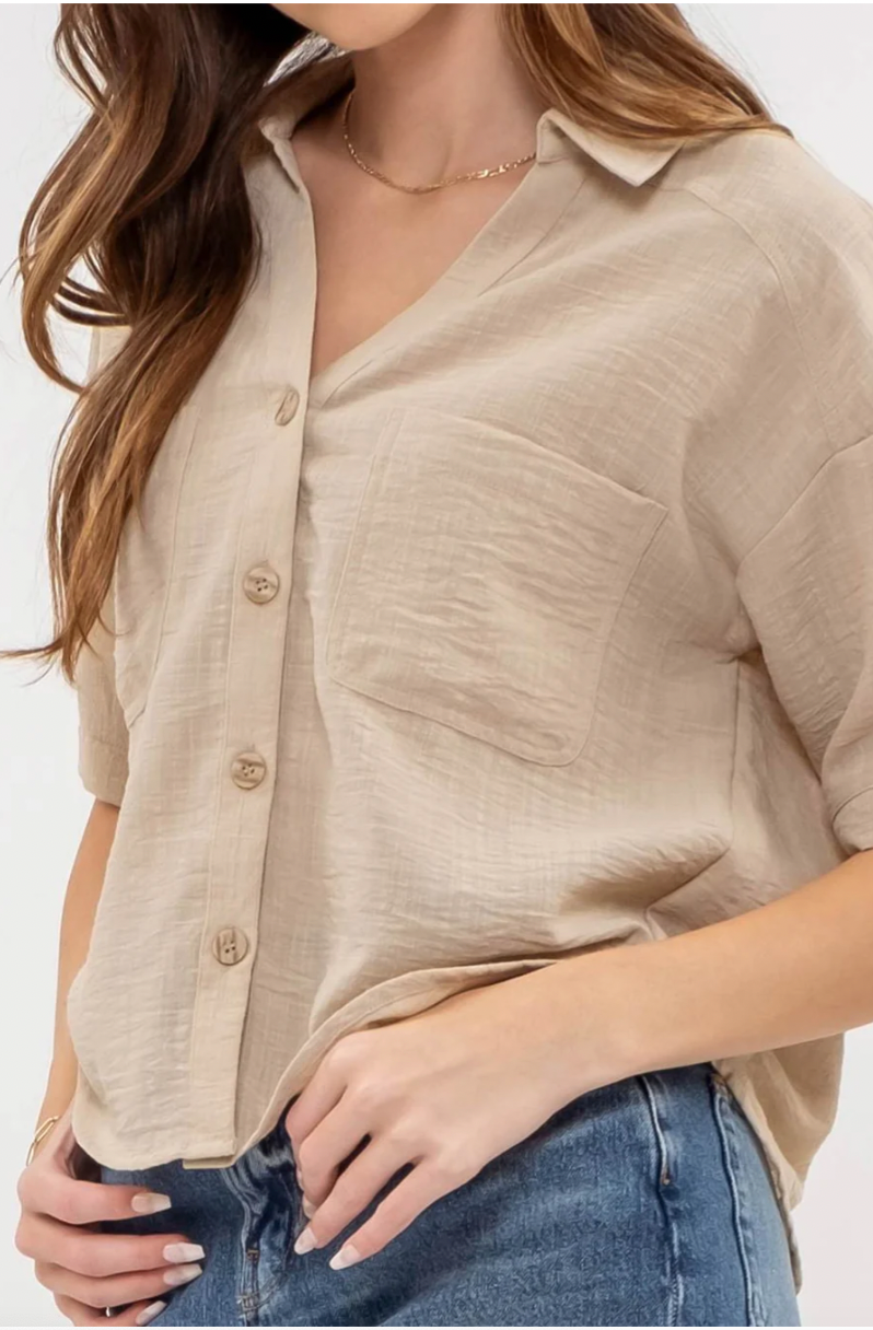 Breezy Chic Button Down- Sand