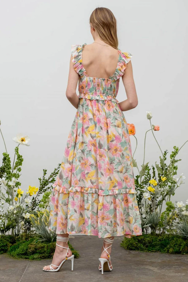 Watercolor Floral Ruffle Midi Dress