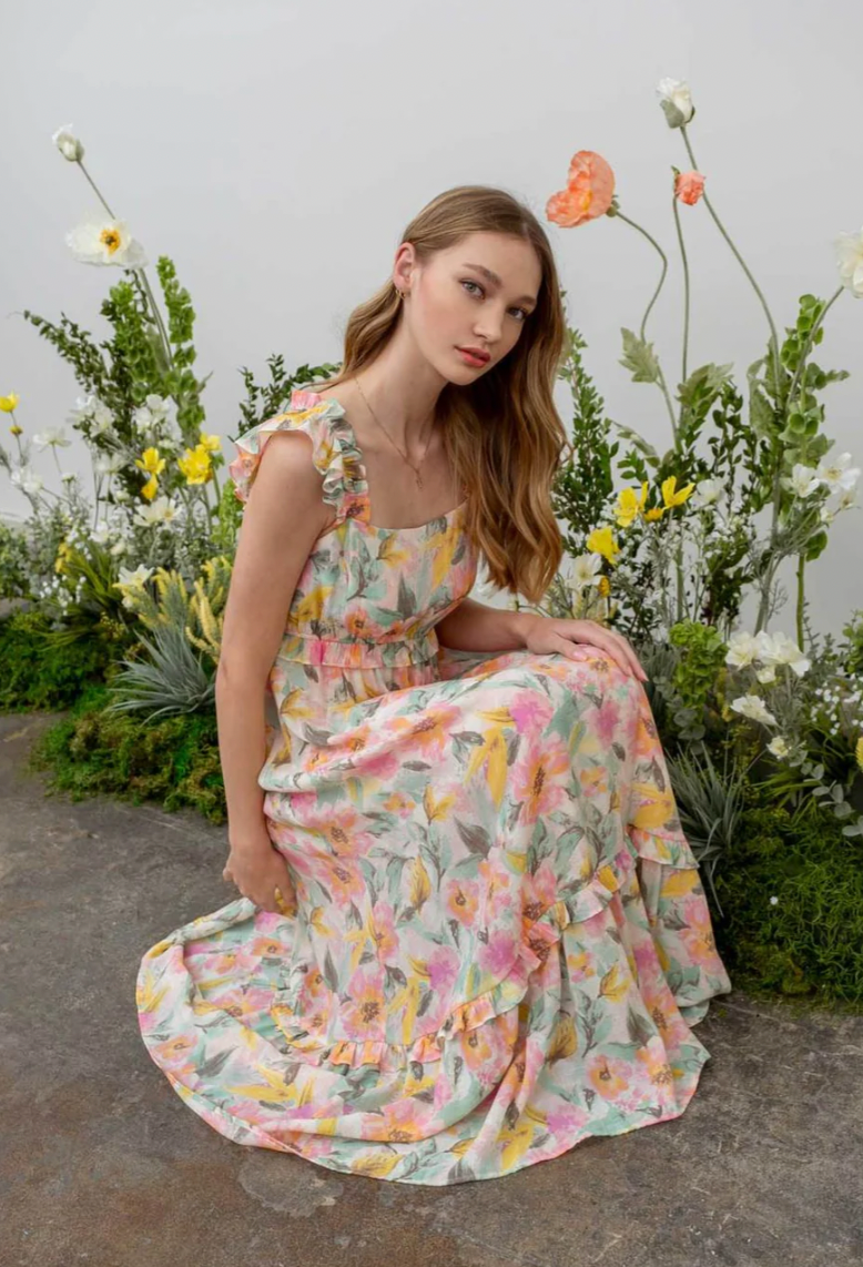 Watercolor Floral Ruffle Midi Dress