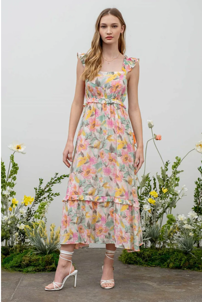 Watercolor Floral Ruffle Midi Dress