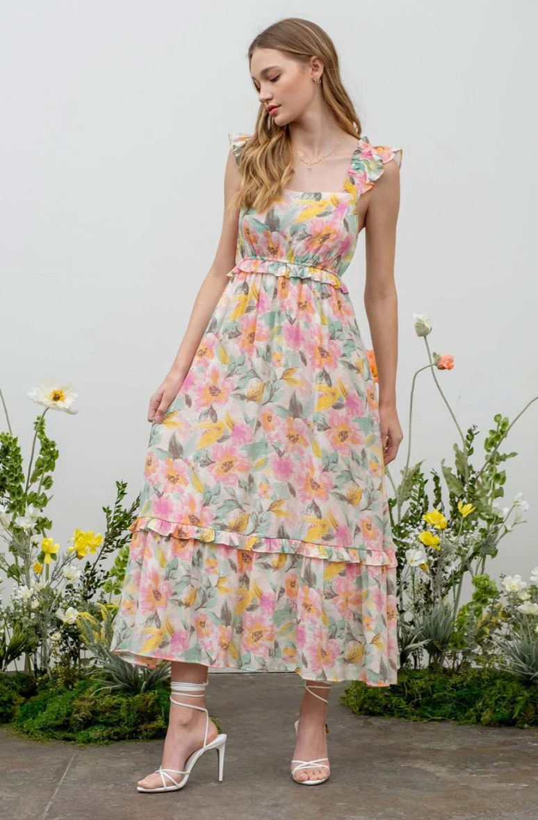 Watercolor Floral Ruffle Midi Dress