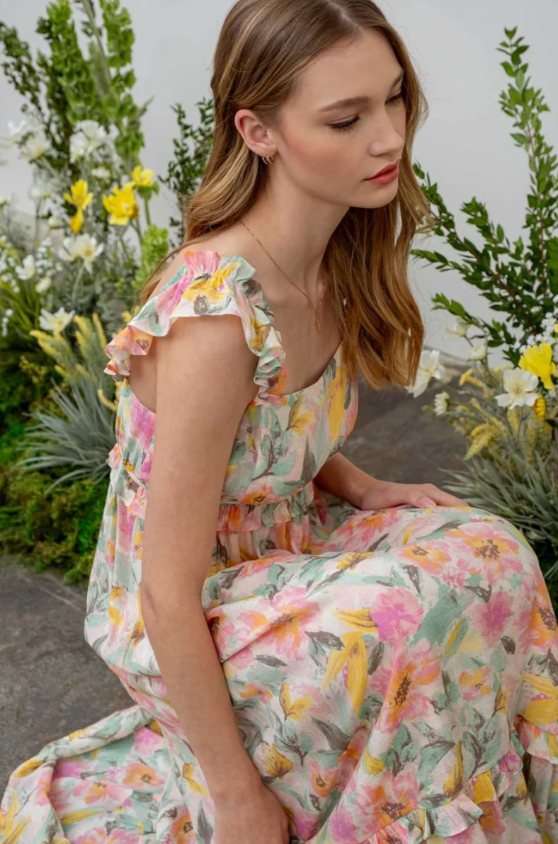 Watercolor Floral Ruffle Midi Dress