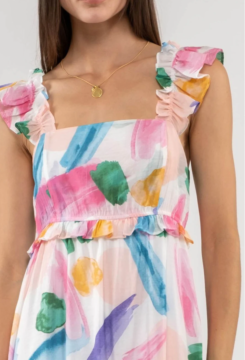 Brush Stroke Multi Color Midi Hem Dress