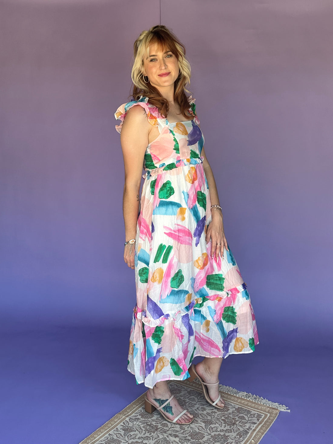 Brush Stroke Multi Color Midi Hem Dress
