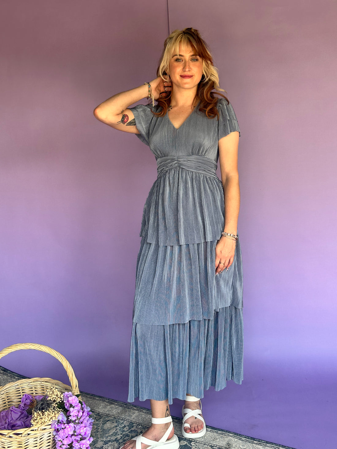 Enchanted Eden Pleated Tiered Midi Dress - Blue Sky