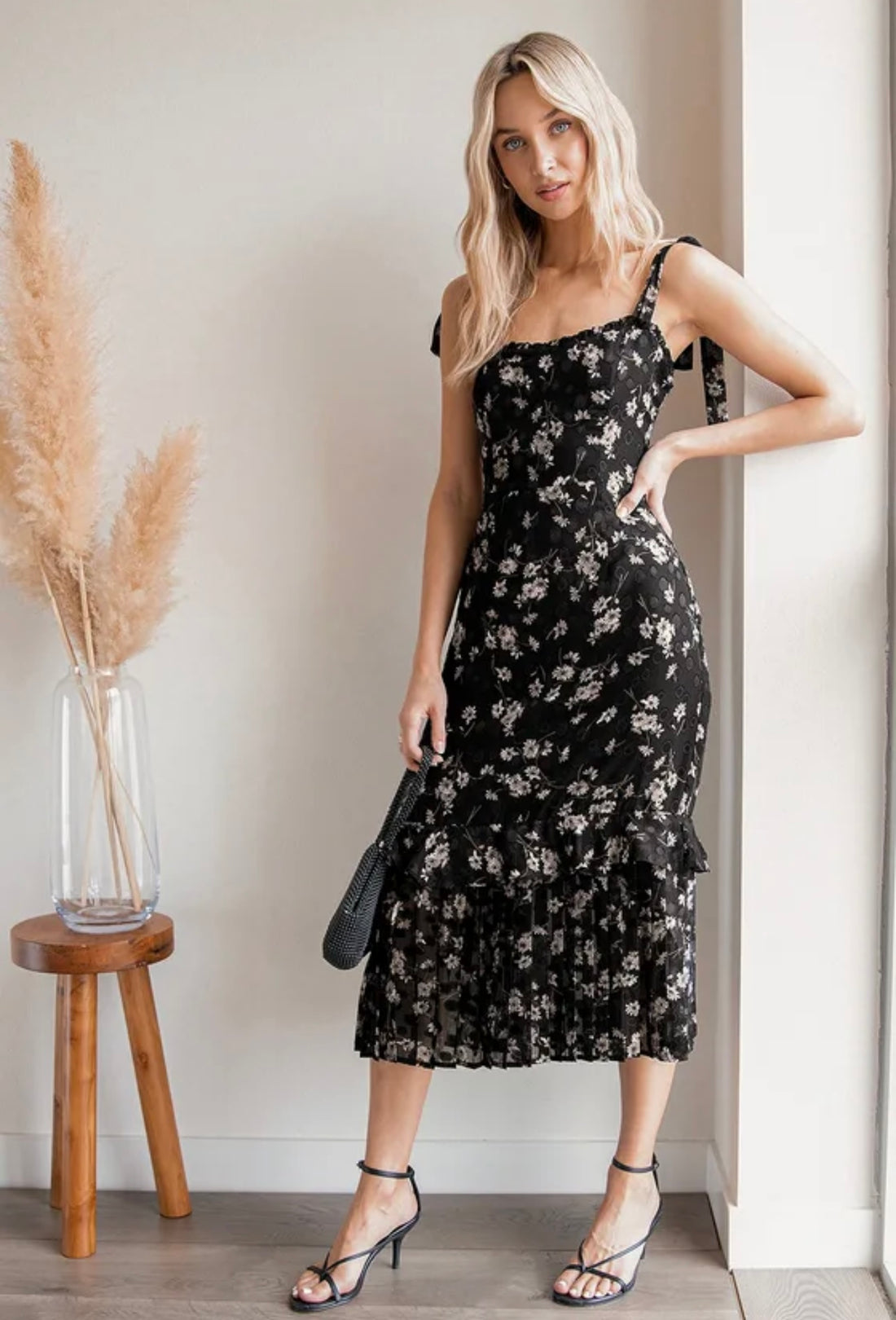 Daisy Tiered Midi Dress with Ribbon Tie Sleeves