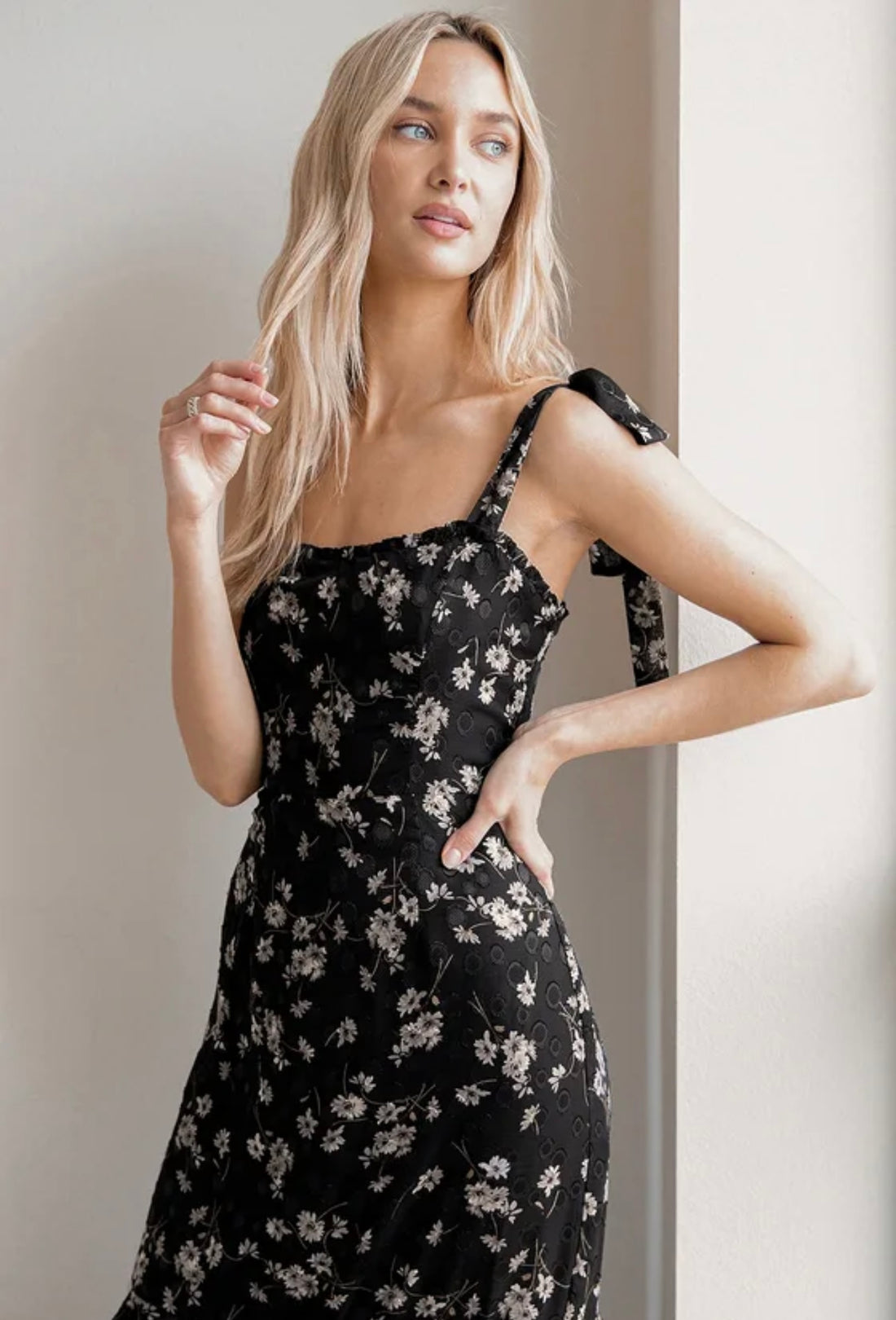 Daisy Tiered Midi Dress with Ribbon Tie Sleeves