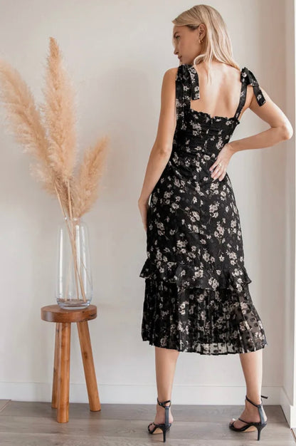 Daisy Tiered Midi Dress with Ribbon Tie Sleeves