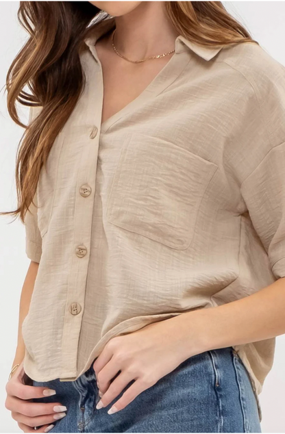 Breezy Chic Button Down- Sand
